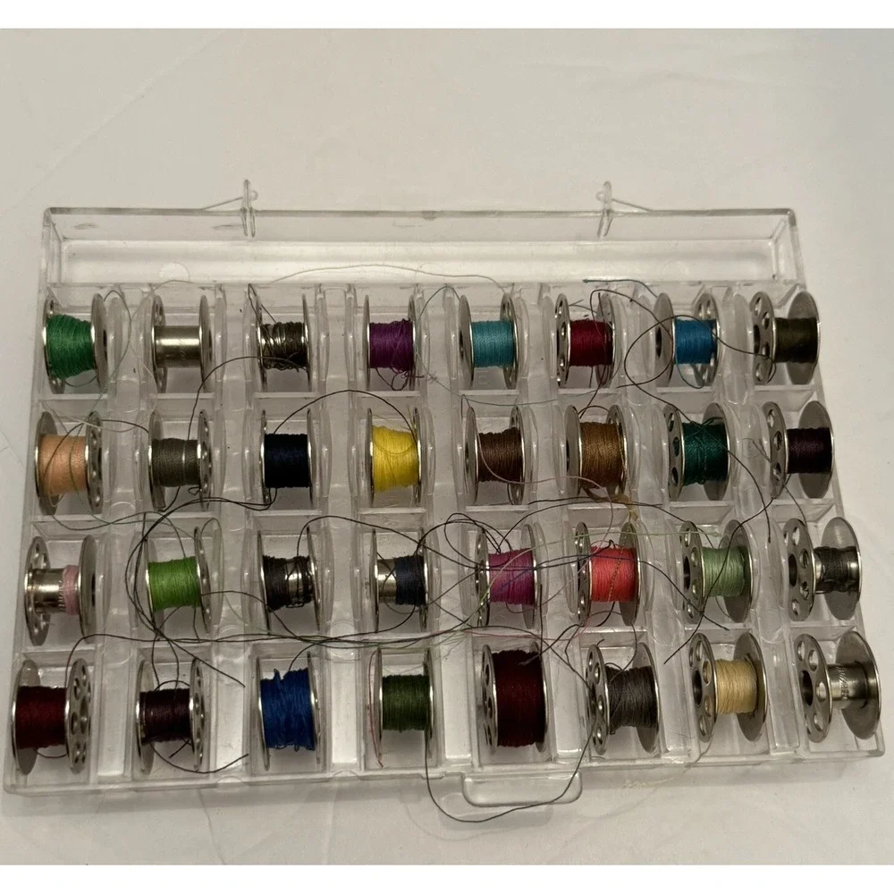Vtg Sewing Machine Metal Bobbins 7 Hole Most w/Previous Thread Lot of 32 - Picture 1 of 8